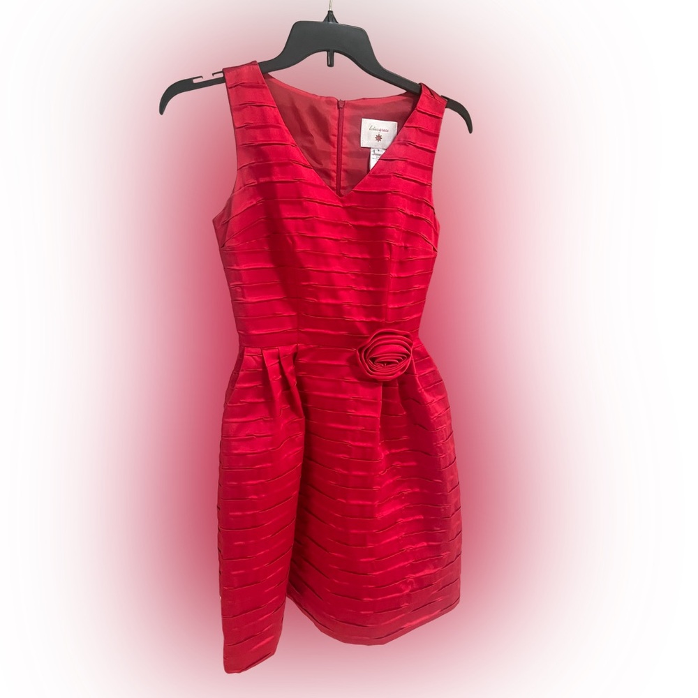 Lotus Grace Red Satin Pleated Cocktail Dress Rosette Detail Size 2